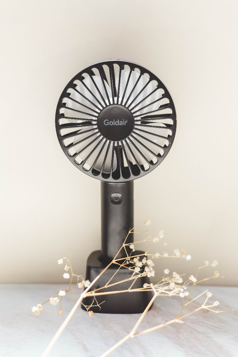 Black handheld fan with 'Goldair' branding on a light surface with dried flowers.