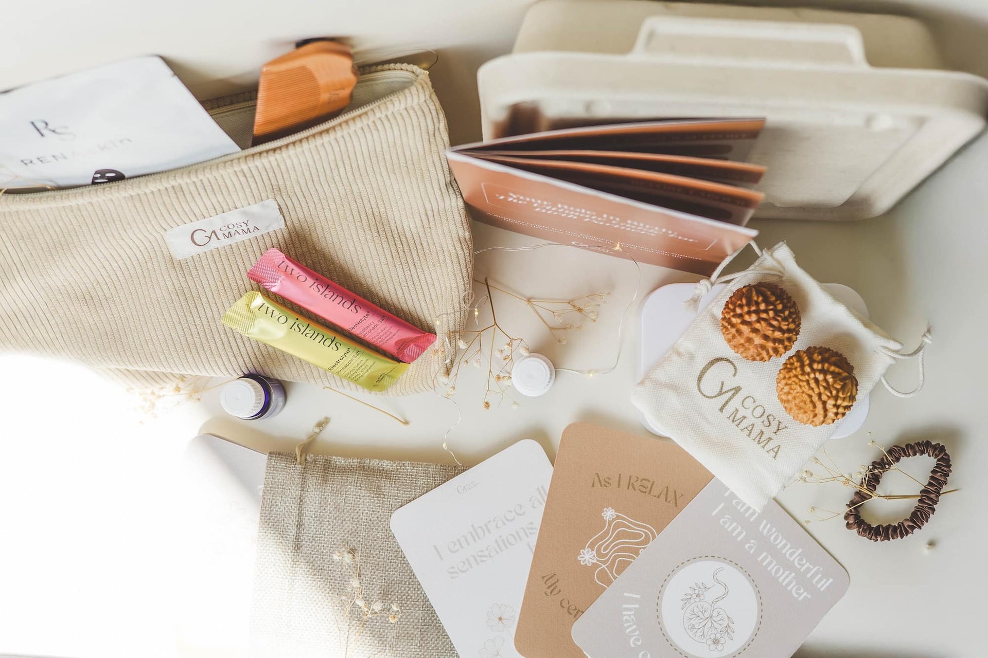 Photo showing the complete contents of the Cosy Mama Birth Bundle