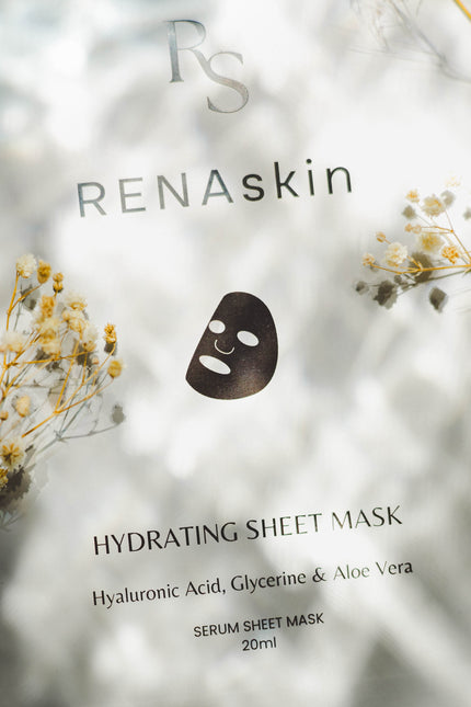 RENAskin hydrating sheet mask packaging with dried flowers in the background