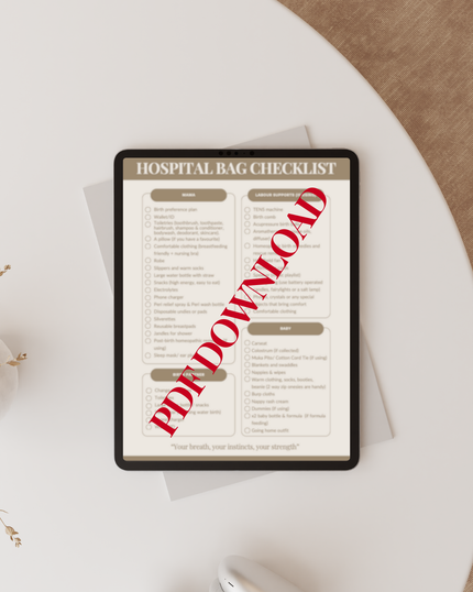Digital tablet displaying a hospital bag checklist with 'PDF Download' text on a white surface.