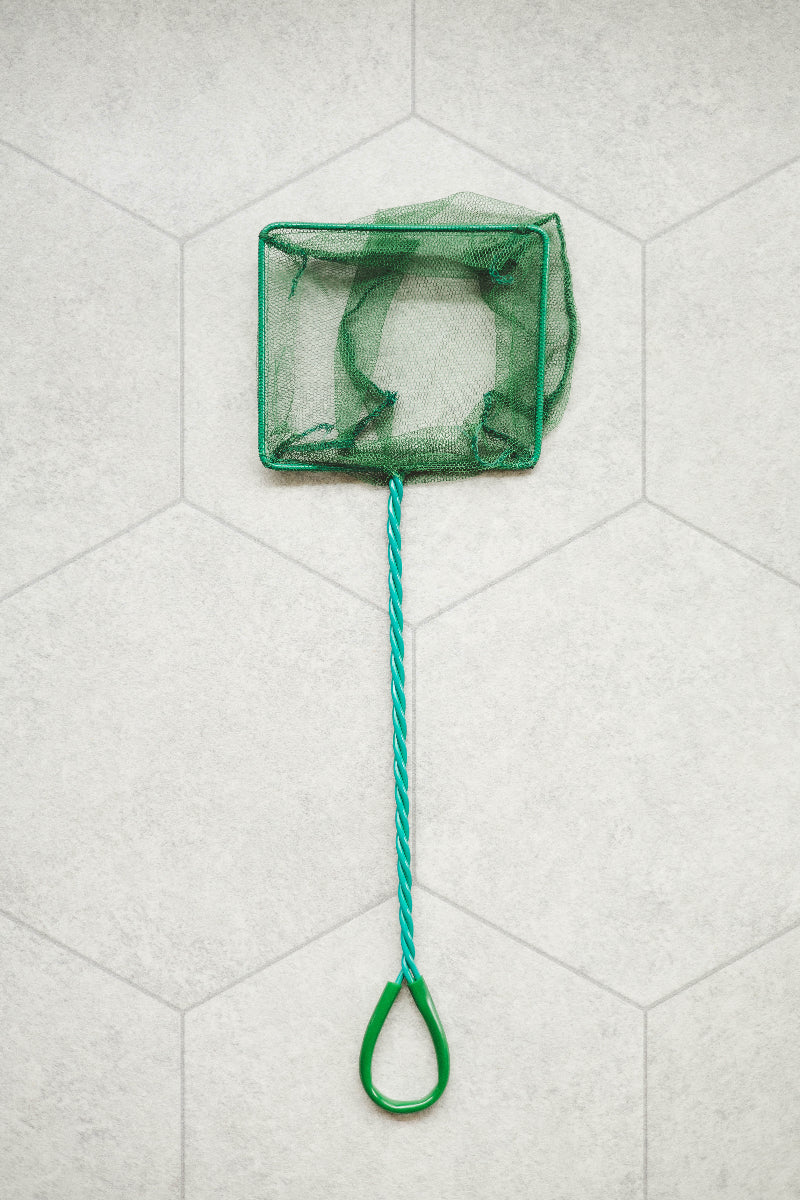 Green net with a handle on a light gray Lino floor