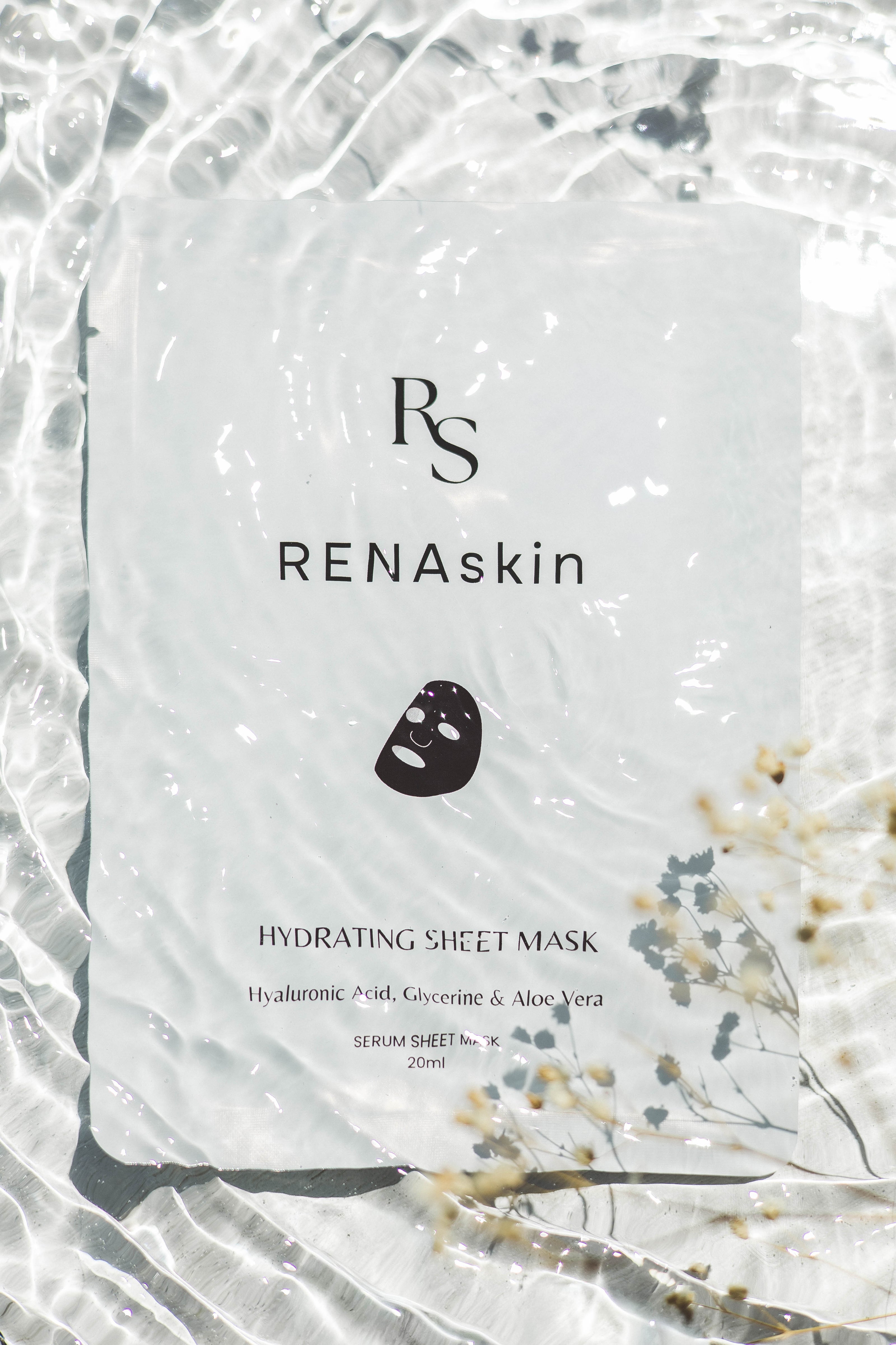 RENAskin hydrating sheet mask packaging with decorative elements on a white background and under water