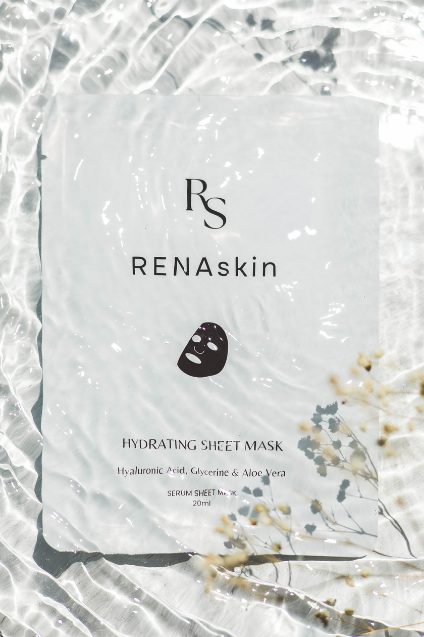 RENAskin hydrating sheet mask packaging with decorative elements on a white background and under water