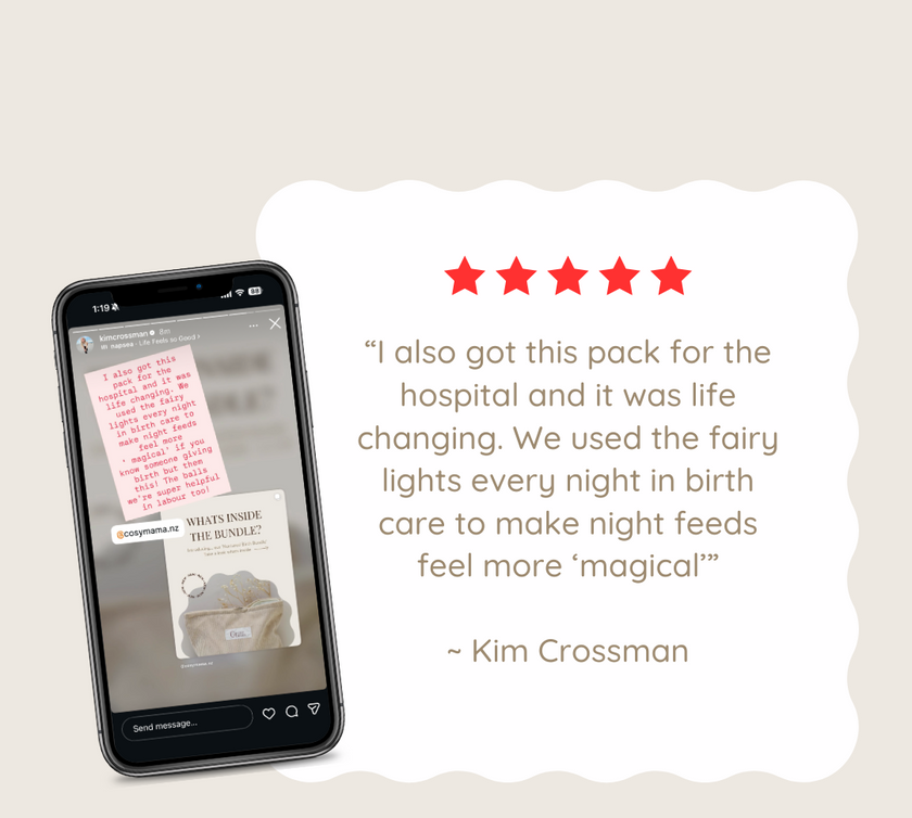 Phone displaying a product post with a review and beside it a five-star rating and customer review on a light background.