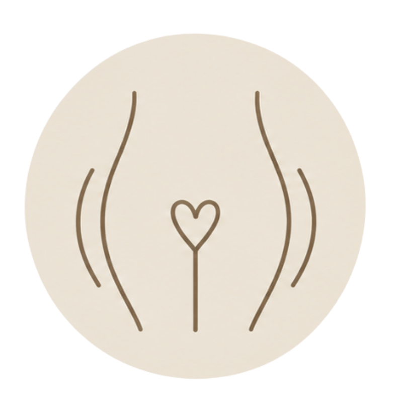 A minimalist beige circular icon with brown line art depicting a stylized female pelvic floor or perineum, centered on a solid white background.
