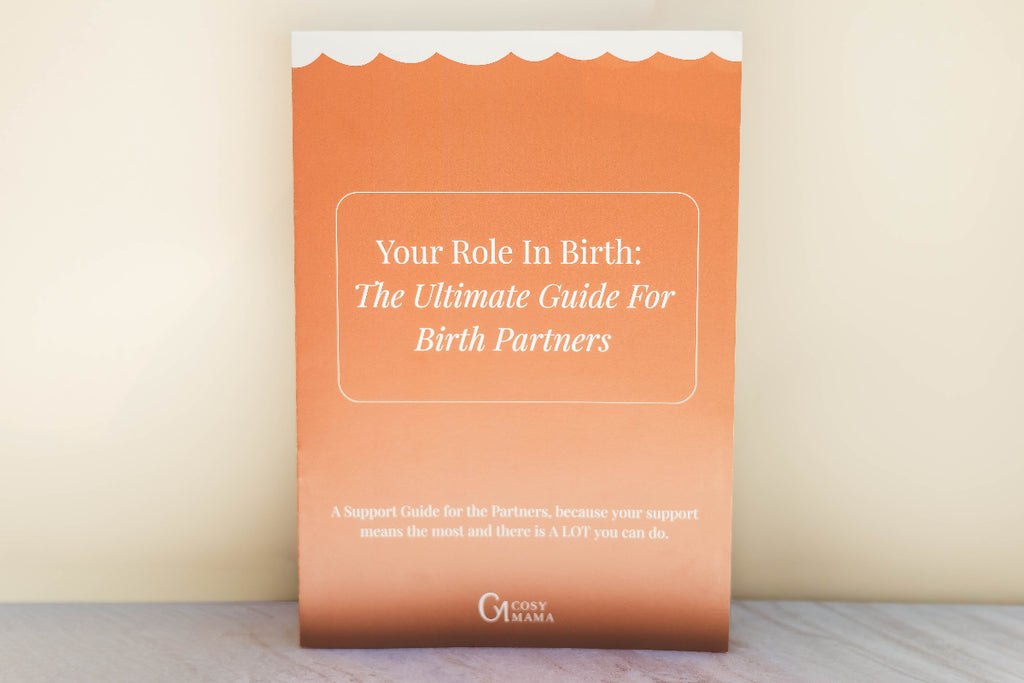 Book titled 'Your Role in Birth: The Ultimate Guide for Birth Partners' on a wooden surface with a beige wall background.