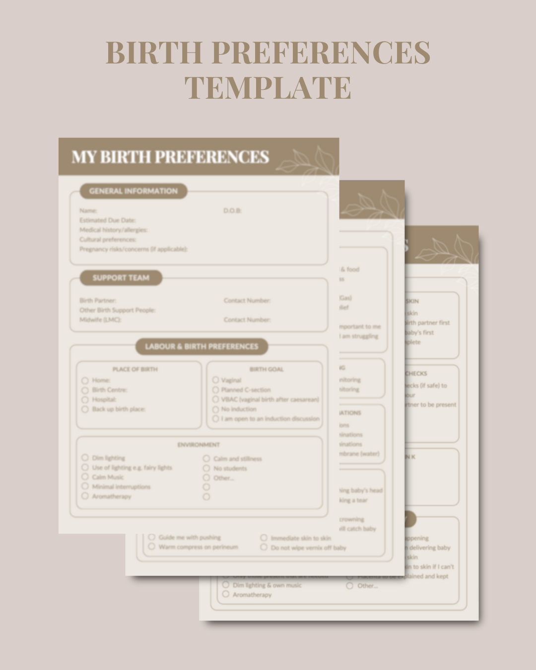 Birth preferences template on a beige background