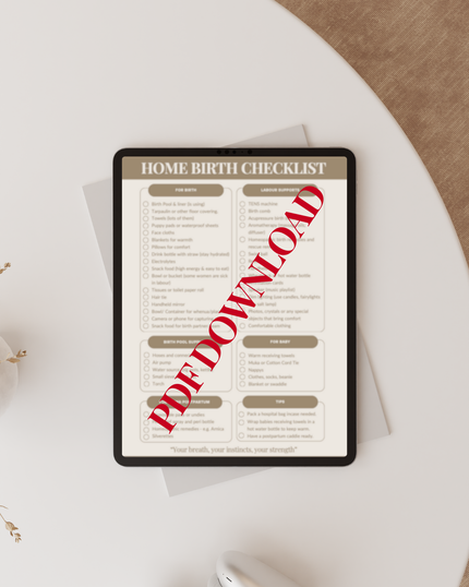 Digital tablet displaying a home birth checklist with 'PDF Download' text on a white surface.