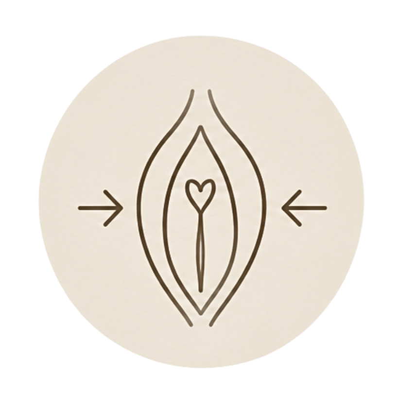 A minimalist brown line-art icon on a light beige circular background, showing a stylized female vulva with arrows pointing inward on a white canvas.