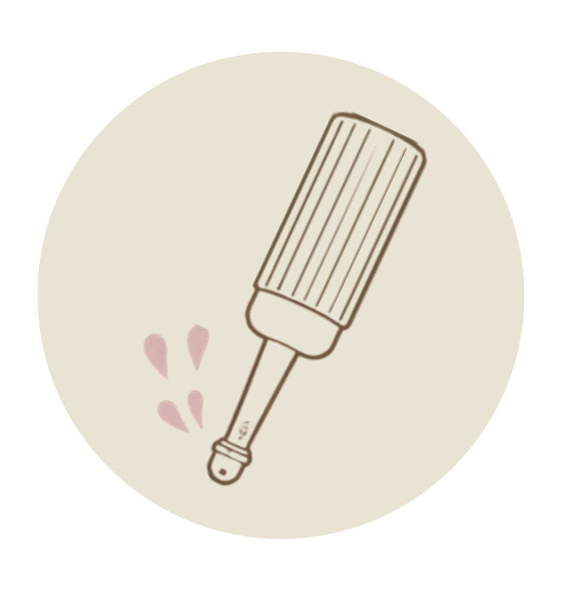A minimalist line-art icon of a peri bottle inside a light beige circle on a white background, with a few small pink droplets near the outlet.