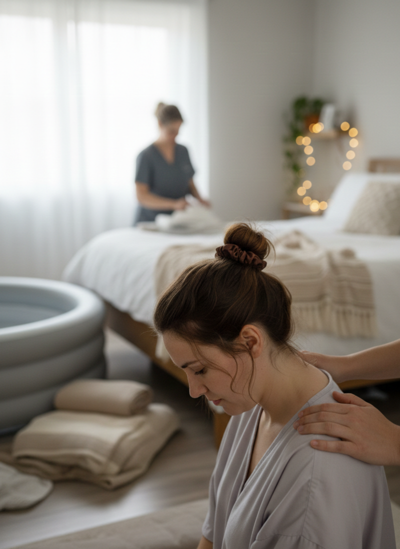 hair tie being used in a birth space, women in a home birth environment, setting is in her bedroom